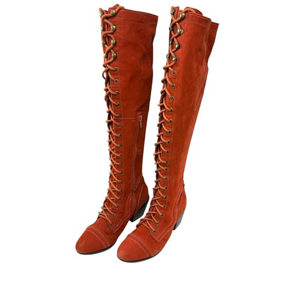 Jeffery Campbell Over the Knee Lace Up Tall Boot Size 7 Rust Red Suede Boho - Picture 1 of 11